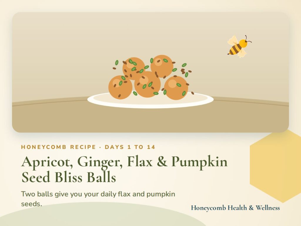 Illustrated recipe card for Apricot, Ginger, Flax & Pumpkin Seed Bliss Balls