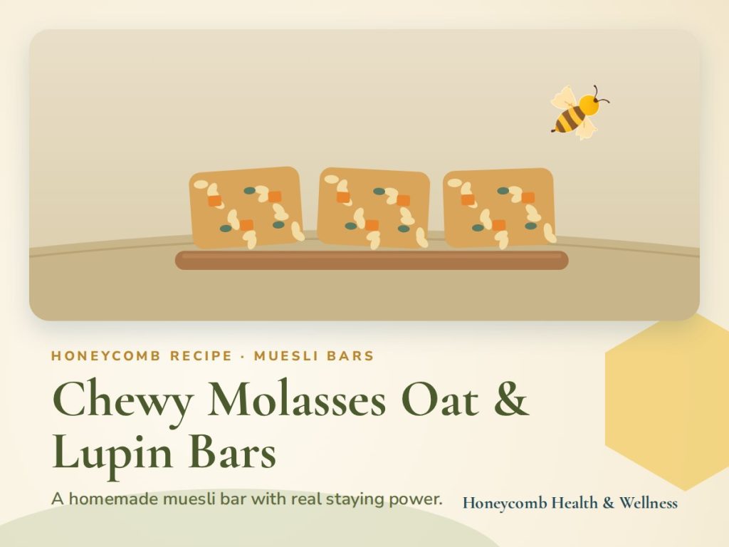 Illustrated recipe card for Chewy Molasses Oat & Lupin Bars