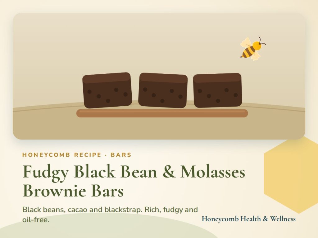 Illustrated recipe card for Fudgy Black Bean & Molasses Brownie Bars