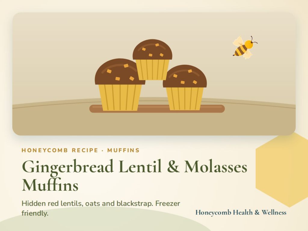 Illustrated recipe card for Gingerbread Lentil & Molasses Muffins