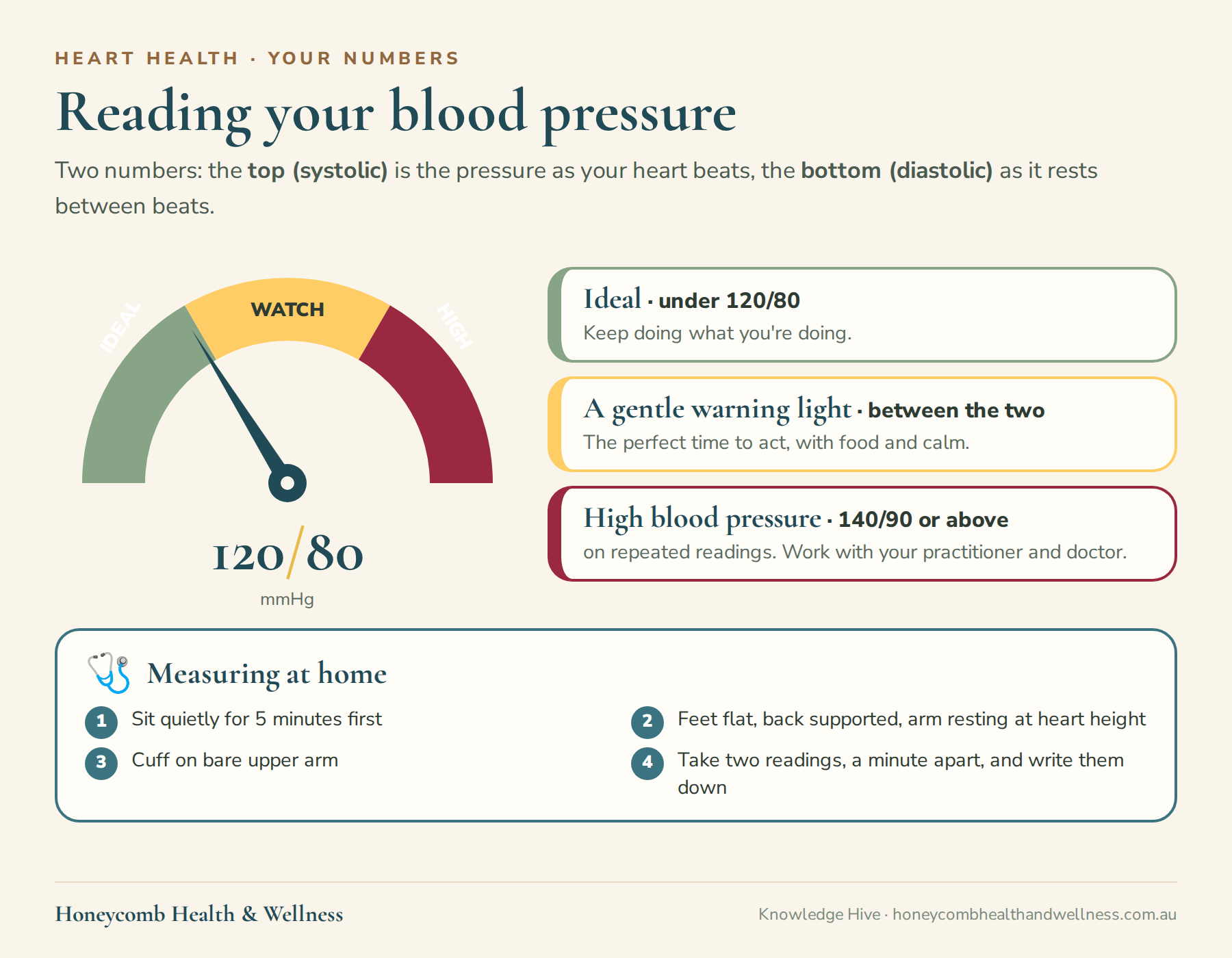 Reading your blood pressure: ideal is under 120/80, in between is a gentle warning light, 140/90 or above on repeated readings is high, and how to measure at home
