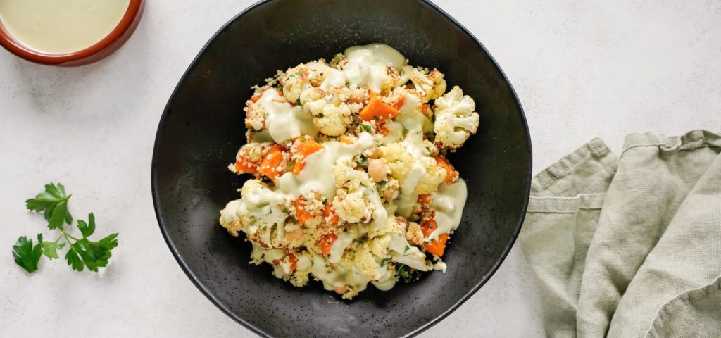 Cauliflower, Couscous & Sweet Potato Salad with Green Tahini Sauce