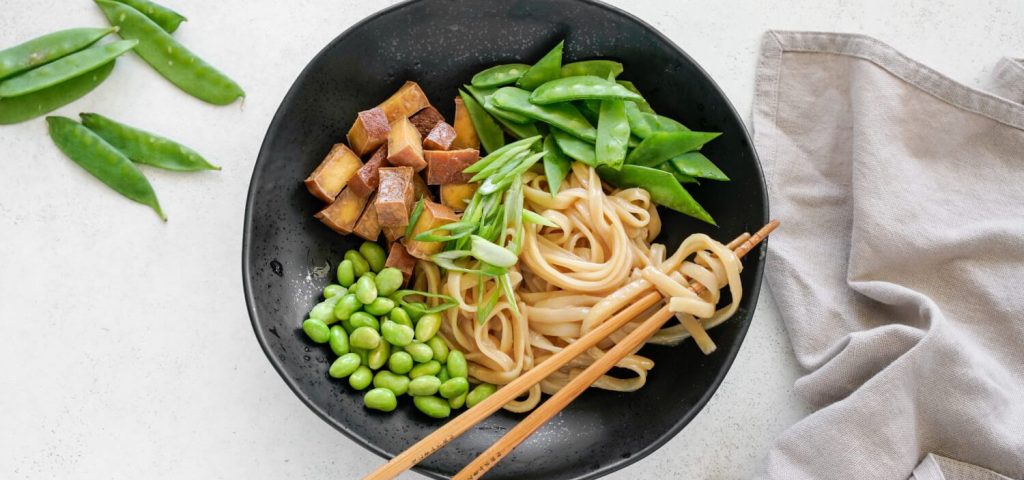 Crispy Tofu & Snow Pea Noodle Salad with Miso-Ginger Dressing