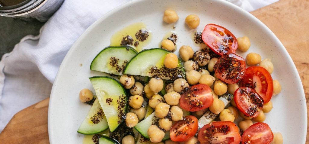 Cucumber Tomato Chickpea Salad with Sumac Dressing