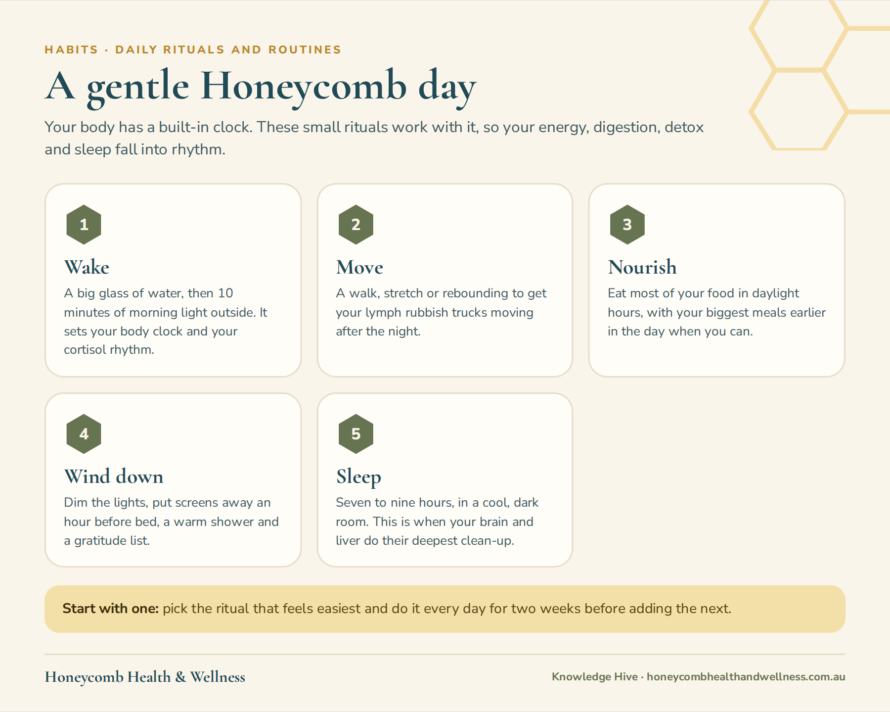A gentle Honeycomb day: wake with water and light, move, nourish, wind down and sleep