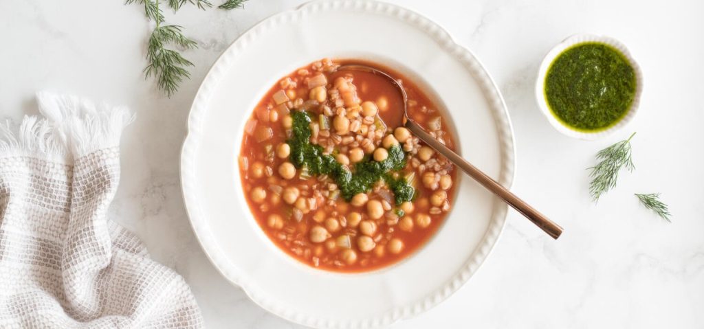 Farro & Chickpea Tomato Soup with Dill Pesto