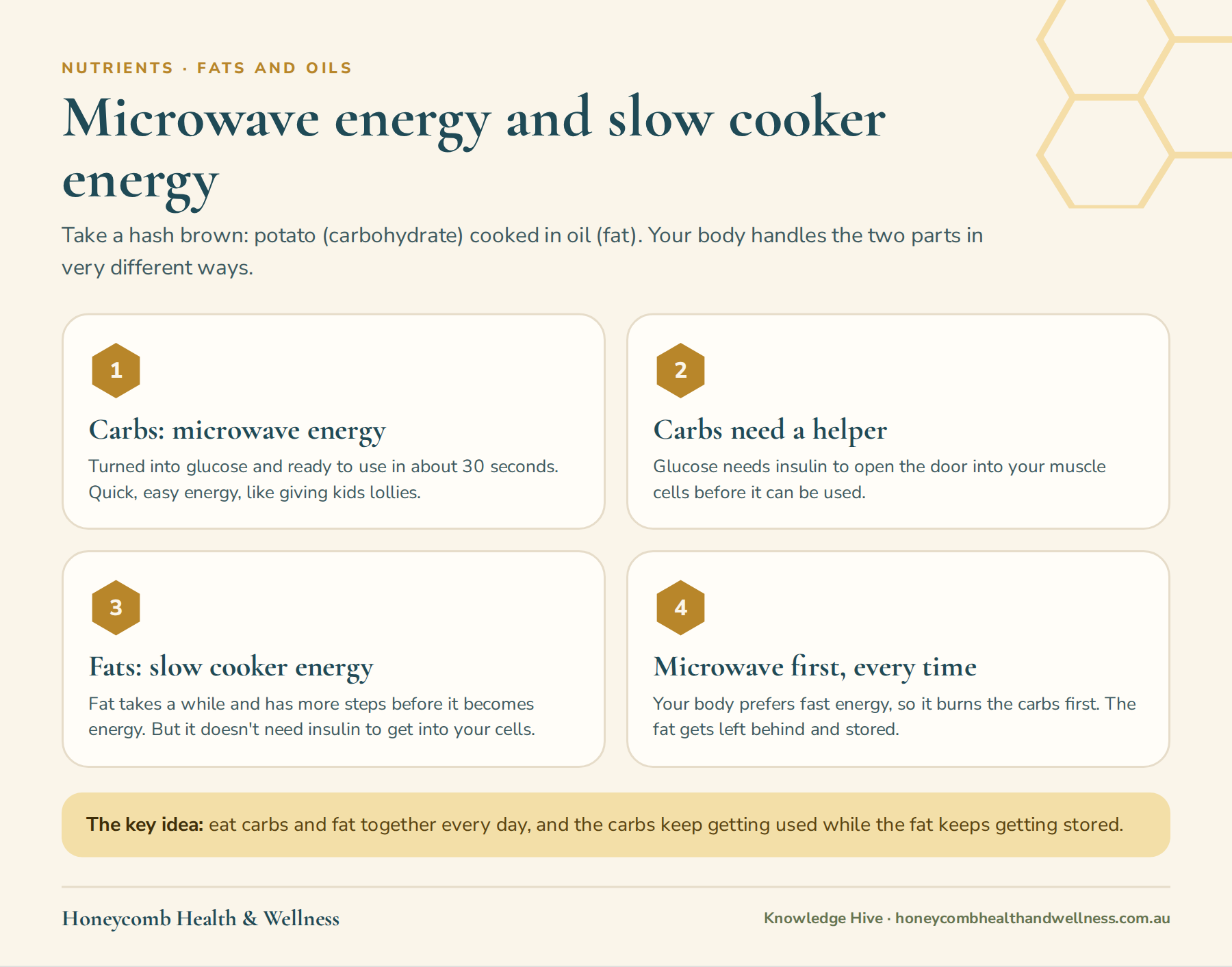 Microwave energy and slow cooker energy: carbohydrates are quick energy that need insulin, and fats are slow energy that get stored when carbs are around