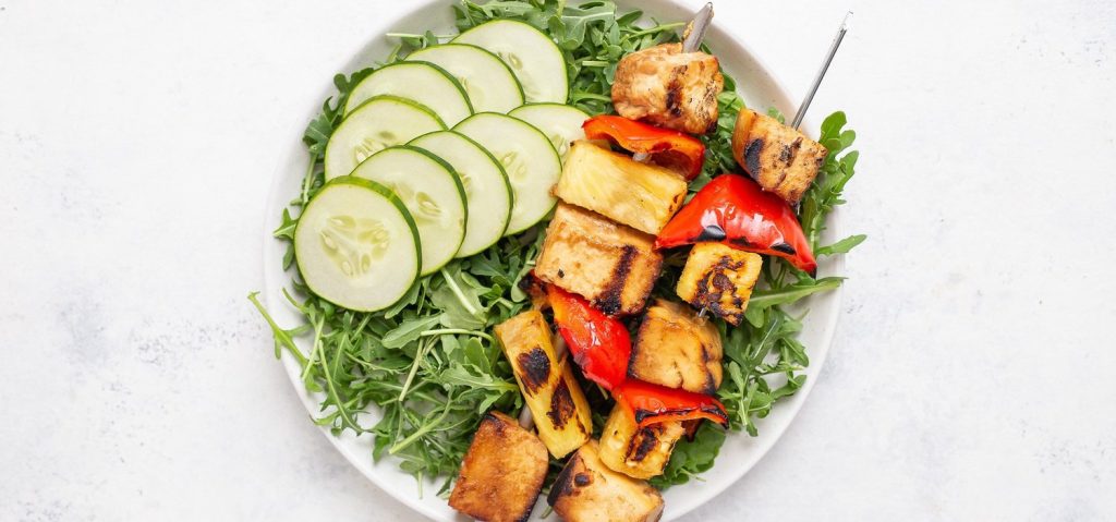 Grilled Tofu Pineapple Skewers with Rocket