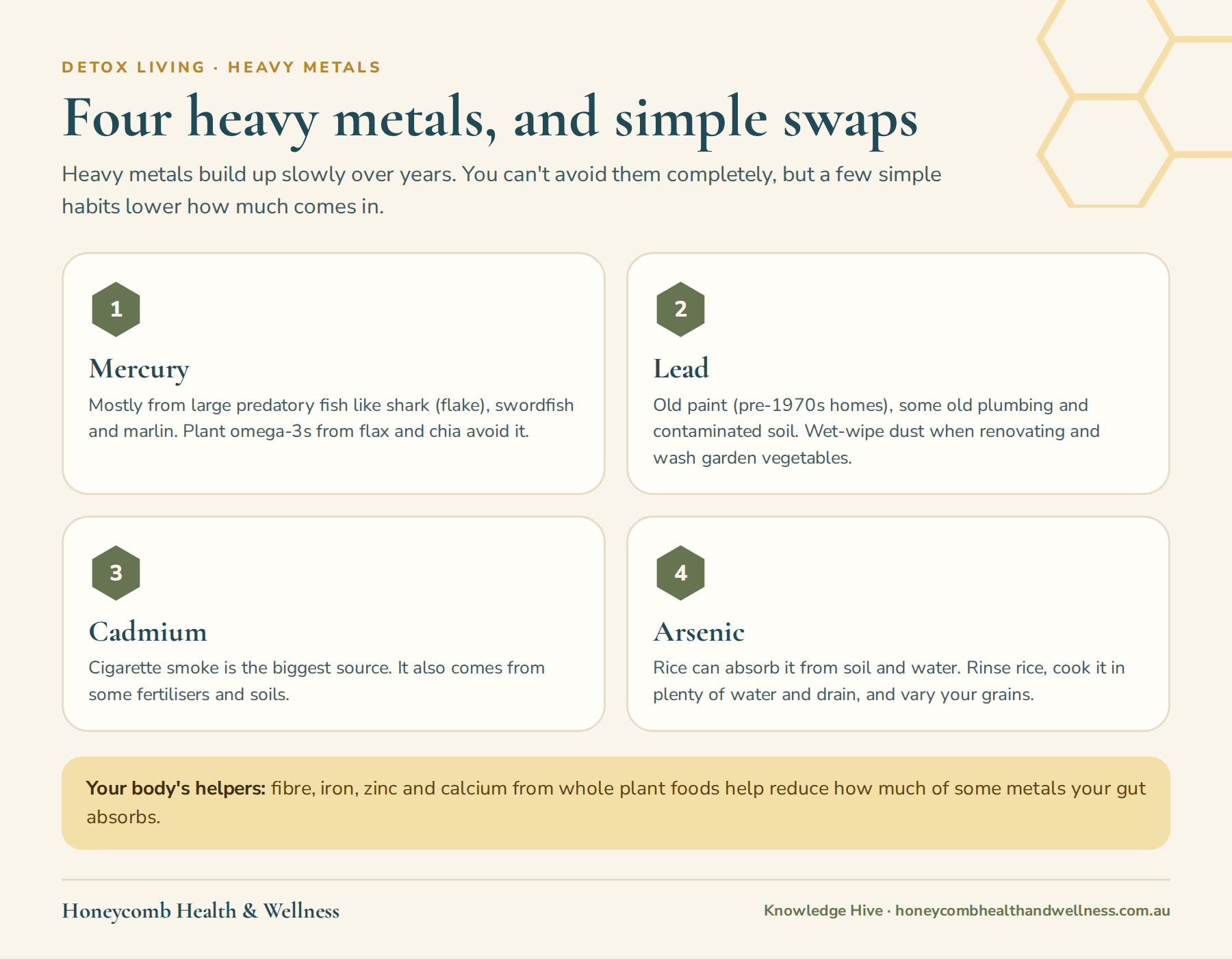 Four common heavy metals (mercury, lead, cadmium and arsenic), where they come from, and simple swaps