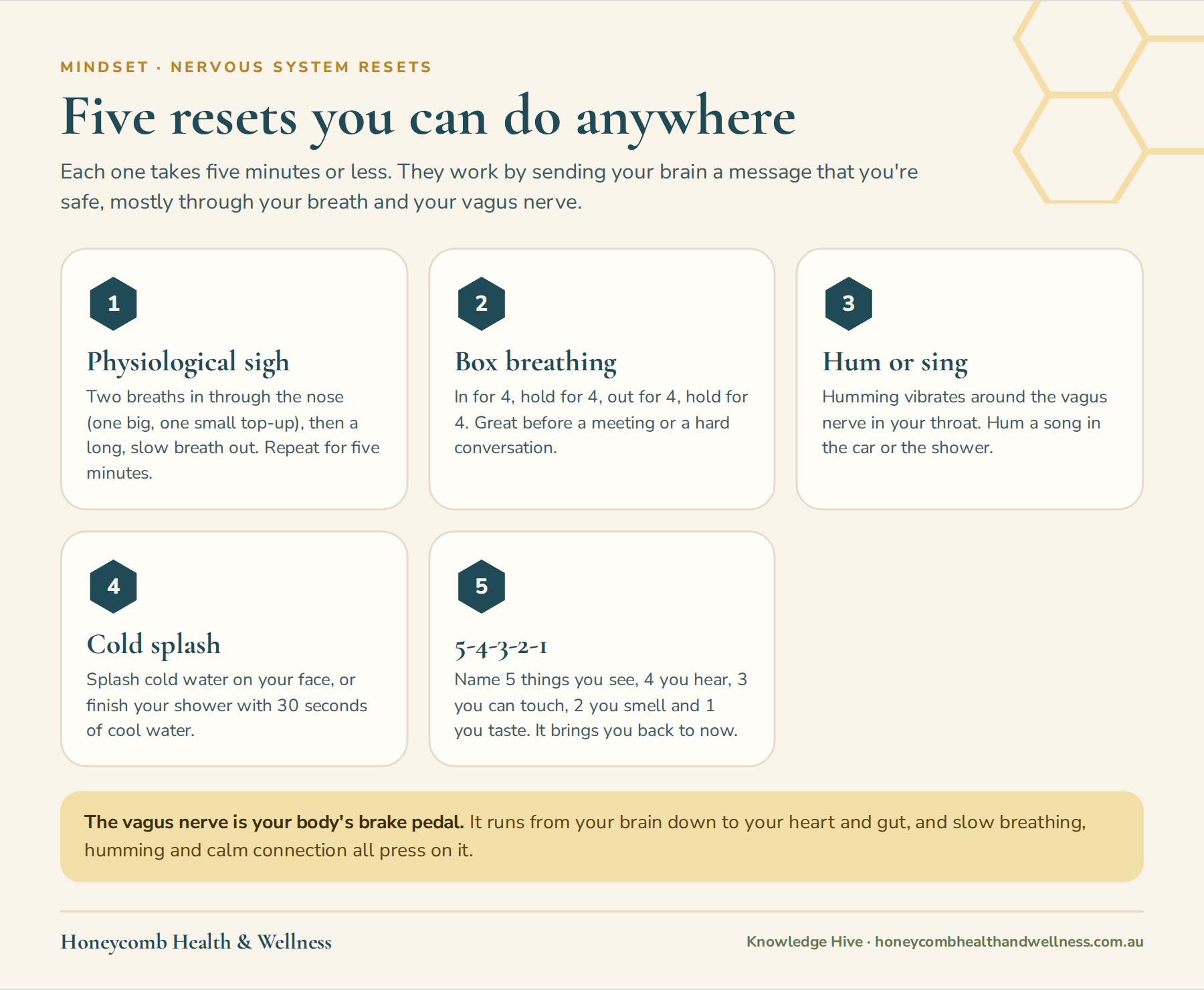 Five quick nervous system resets: physiological sigh, box breathing, humming, cold water and 5-4-3-2-1 grounding