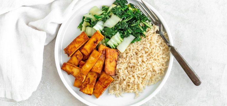 Orange Sesame Tofu with Greens & Rice