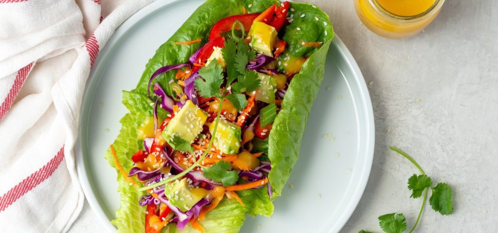 Rainbow Lettuce Wraps with Spicy Mango Dressing