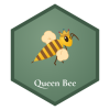 Queen Bee rank badge: a crowned queen bee with a long, slender body on a sage hexagon