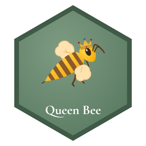 Queen Bee rank badge: a crowned queen bee with a long, slender body on a sage hexagon