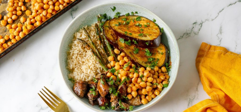 Roasted Chickpeas, Eggplant & Asparagus with Rice