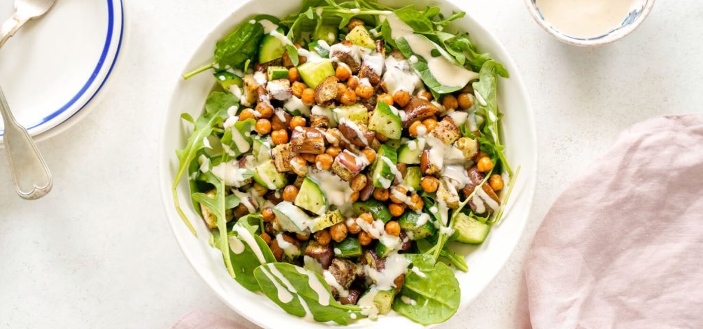 Roasted Eggplant & Chickpea Salad with Tahini Dressing