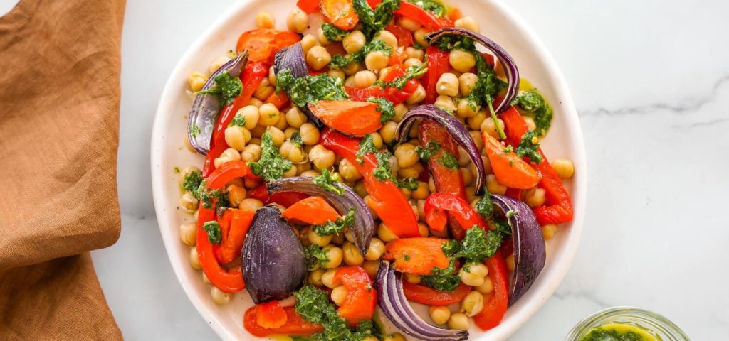 Roasted Vegetable & Chickpea Salad with Coriander Chimichurri