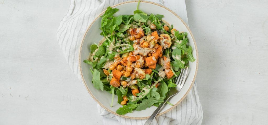 Roasted Veggie & Chickpea Caesar Salad