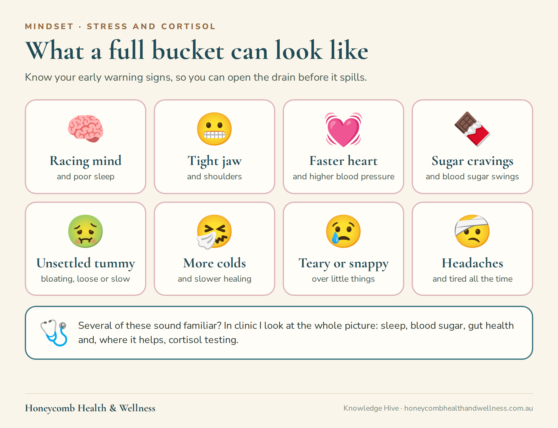What a full stress bucket can look like: a racing mind and poor sleep, tight jaw and shoulders, a faster heart and higher blood pressure, sugar cravings, an unsettled tummy, and more colds