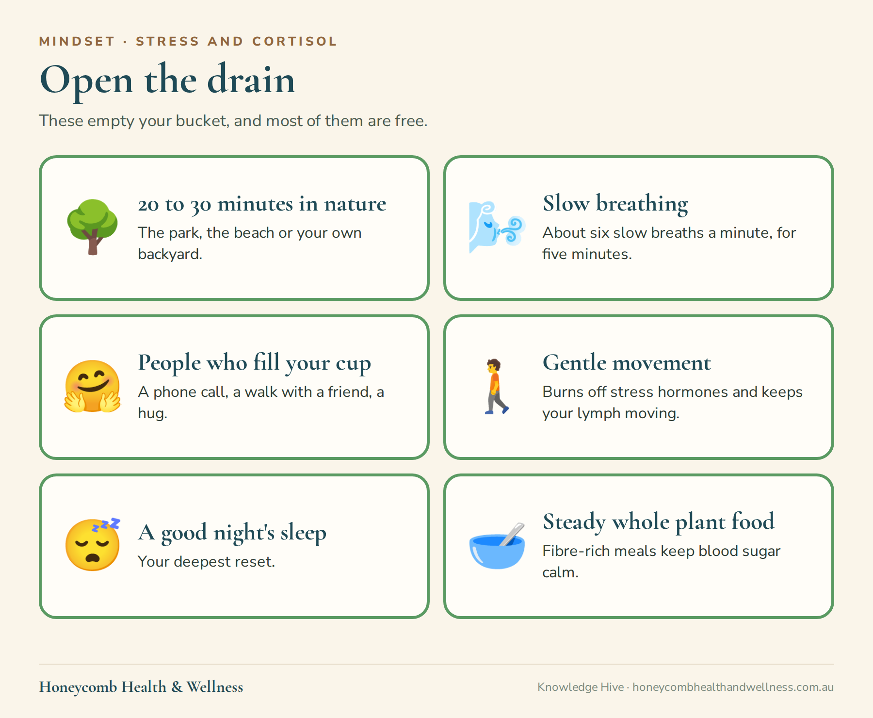 Open the drain: 20 to 30 minutes in nature, slow breathing for five minutes, time with people who fill your cup, gentle movement, a good night's sleep and steady whole plant food