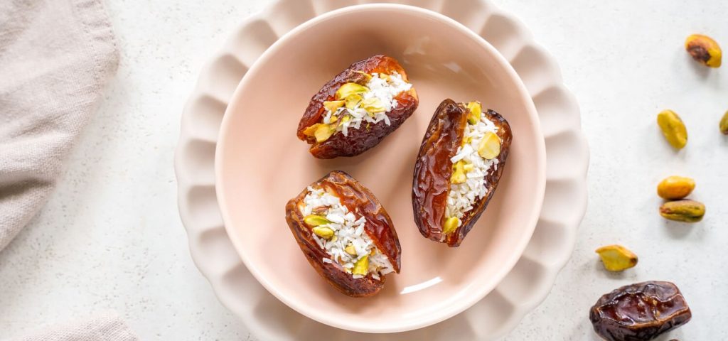 Shredded Coconut & Pistachio Stuffed Dates
