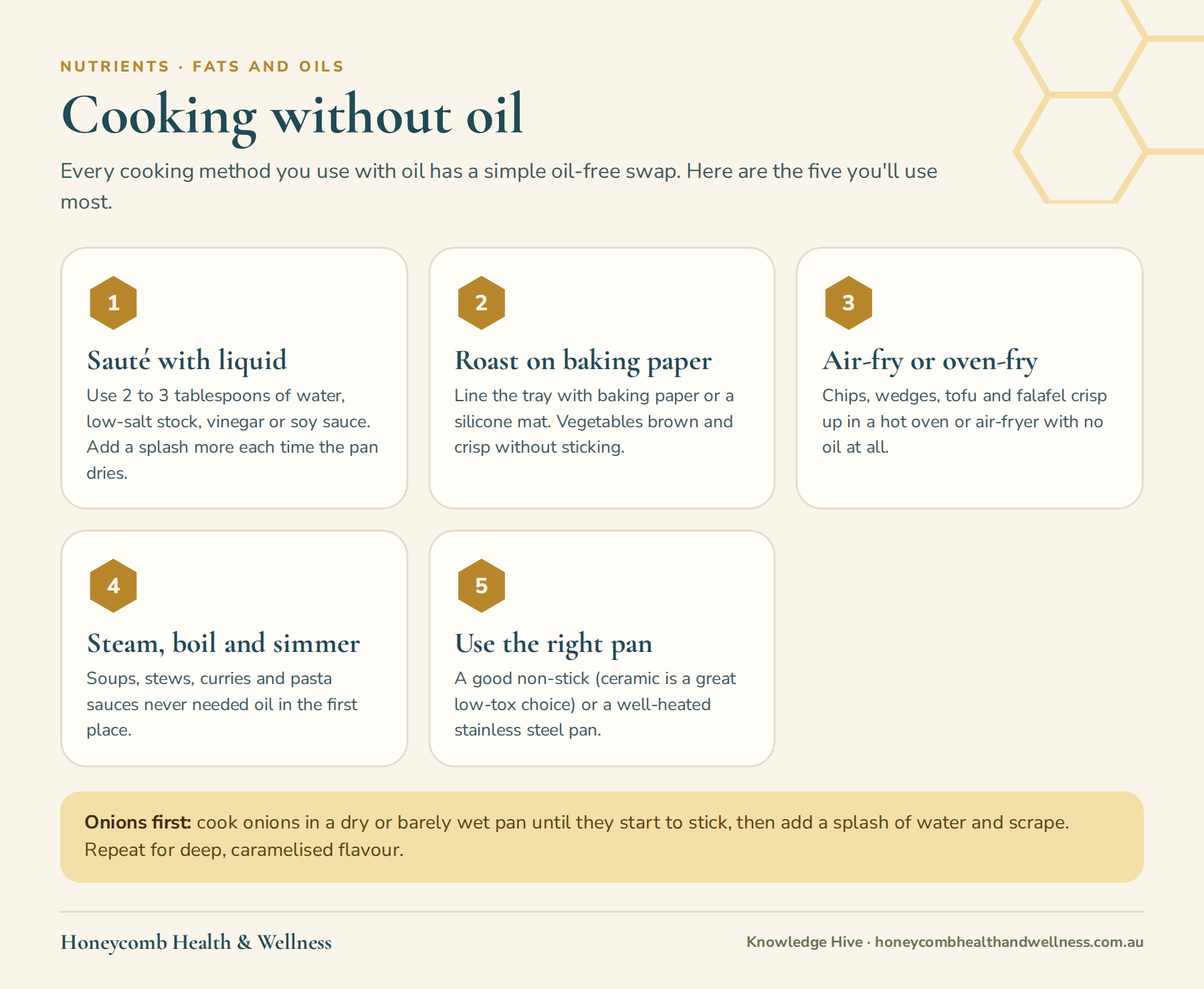 Cooking without oil: sauté with liquid, roast on baking paper, air-fry or oven-fry, steam and simmer, and use the right pan