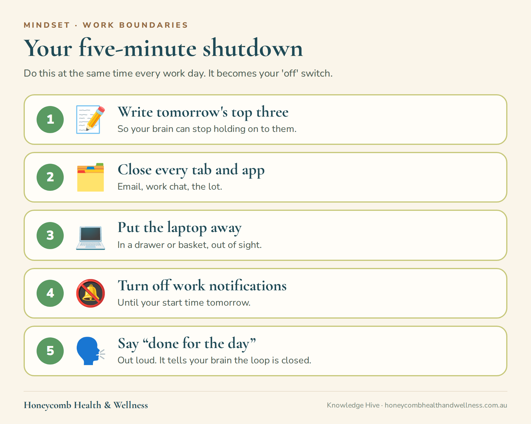 Your five-minute shutdown ritual: write tomorrow's top three, close every tab and app, put the laptop away, turn off work notifications, and say done for the day