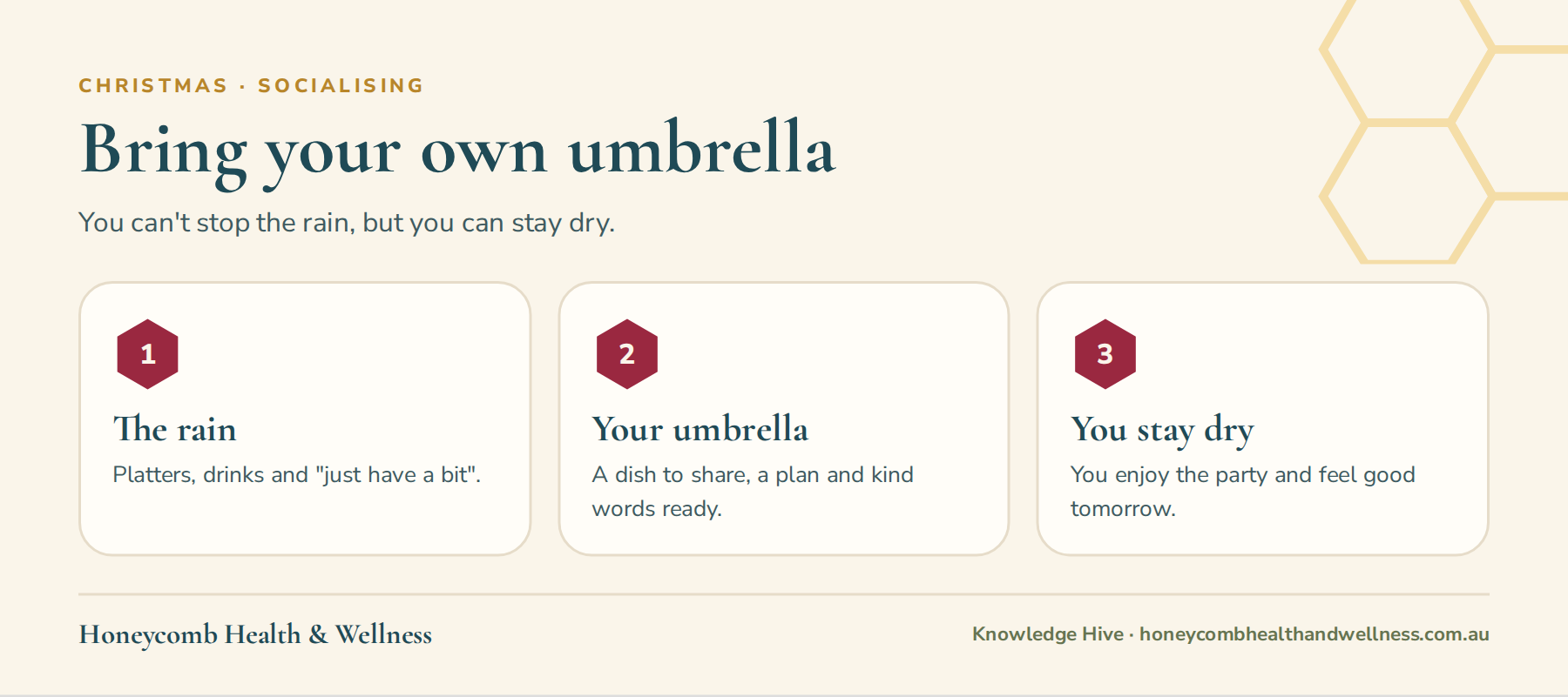 Bring your own umbrella: the rain is platters, drinks and just have a bit; your umbrella is a dish to share, a plan and kind words ready; and you stay dry, enjoying the party and feeling good tomorrow