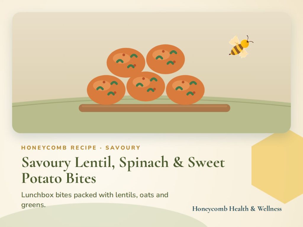 Illustrated recipe card for Savoury Lentil, Spinach & Sweet Potato Bites