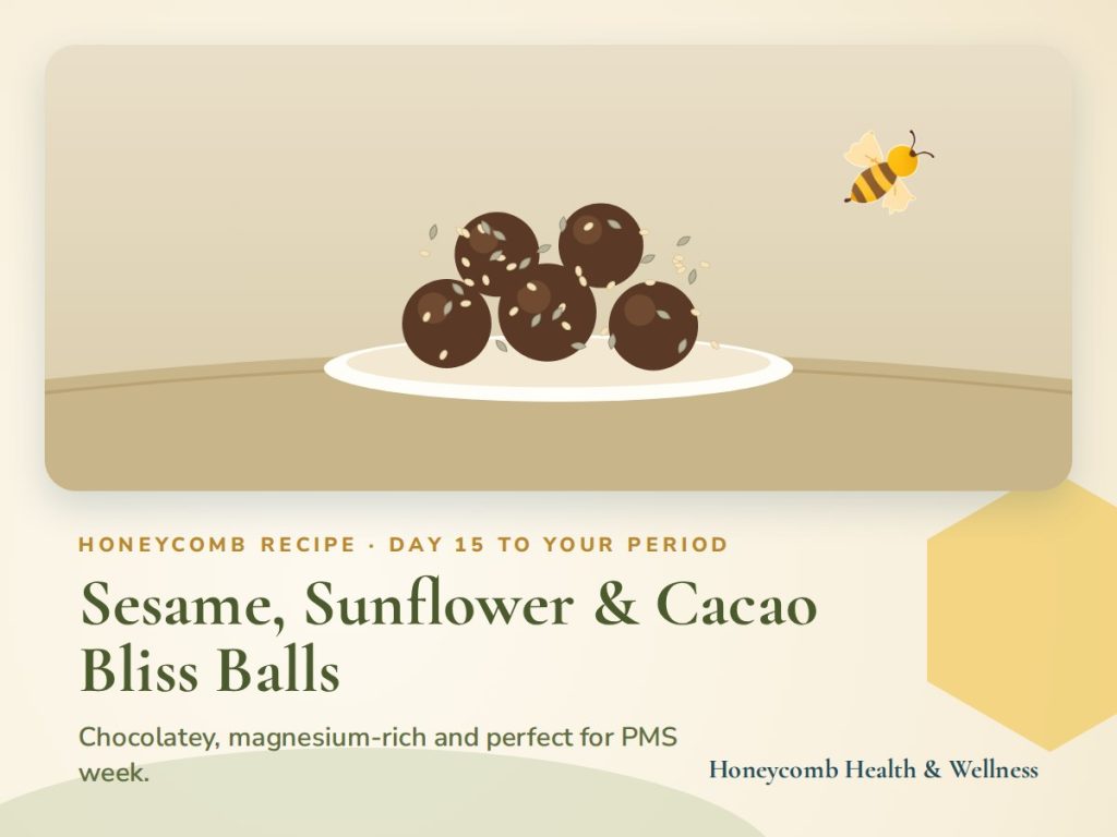 Illustrated recipe card for Sesame, Sunflower & Cacao Bliss Balls